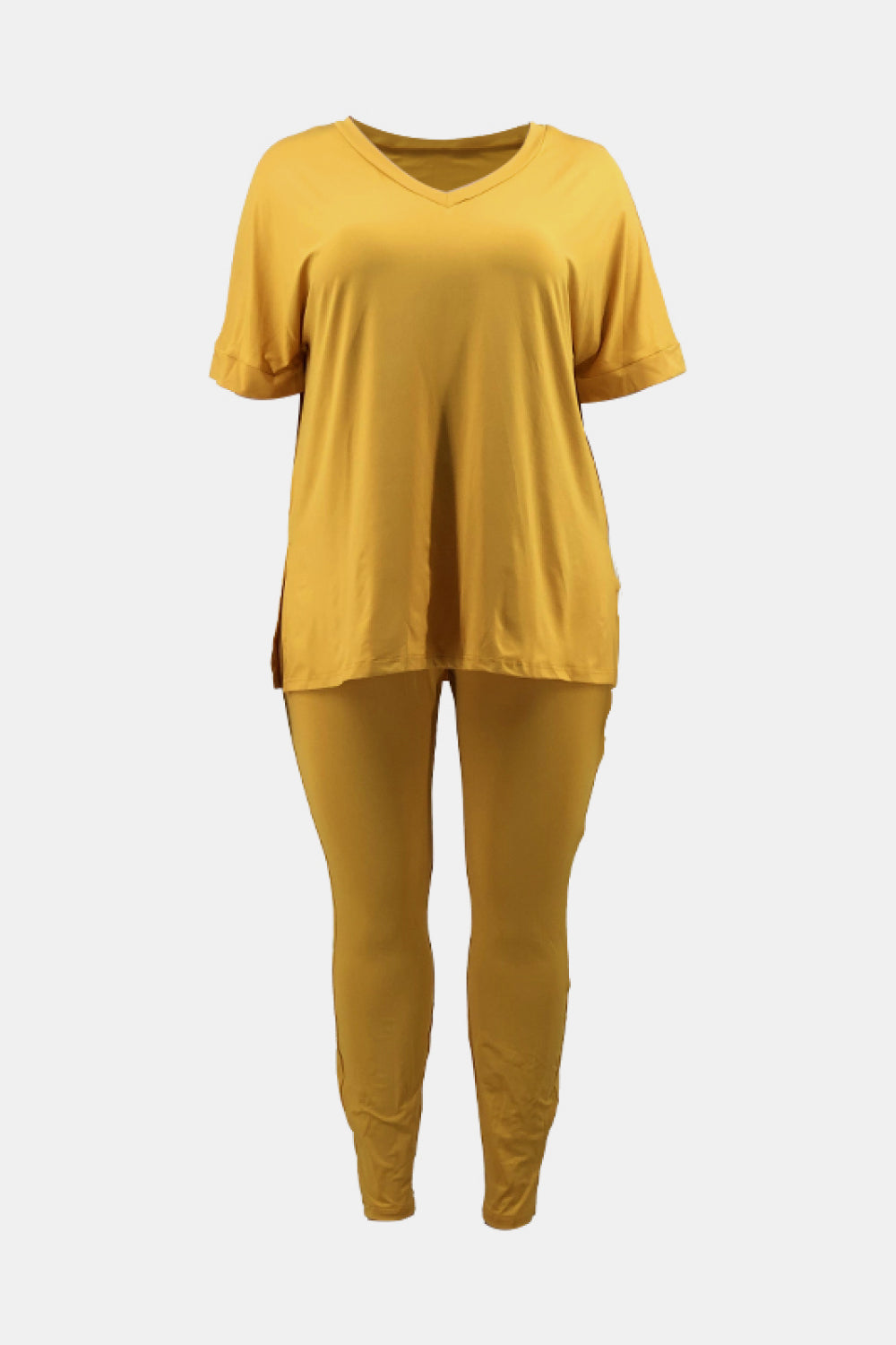 Plus Size V-Neck Slit Top and Pants Set